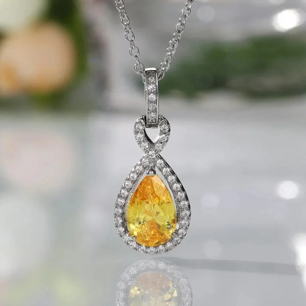 Water Drop CZ Dazzling Noble Yellow Gemstone Hollow Necklace, EVGG1110